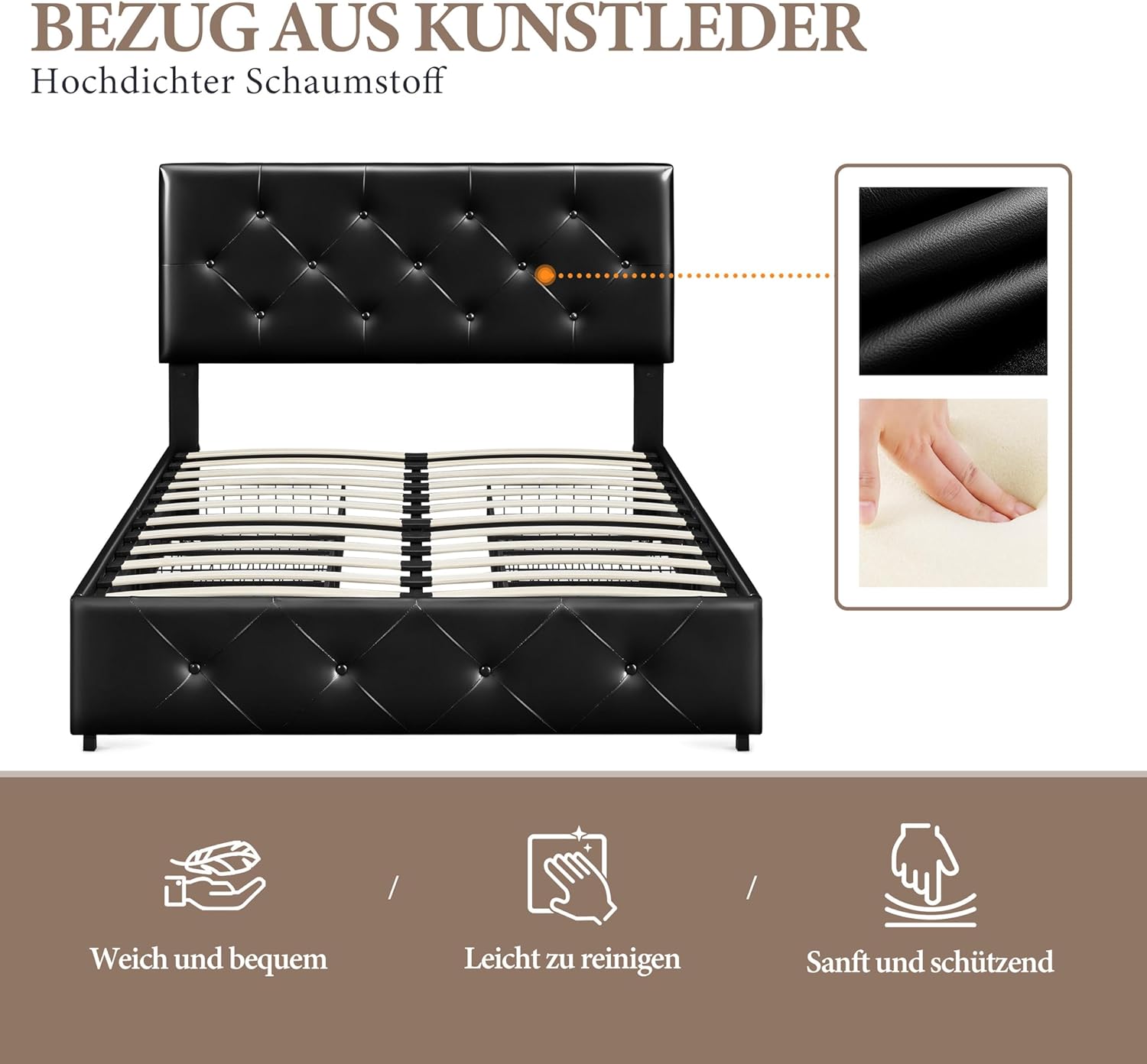 DRULINE LED Einzelbett Doppelbett 140x200 cm Polsterbett Stauraum mit 4 Schubladen