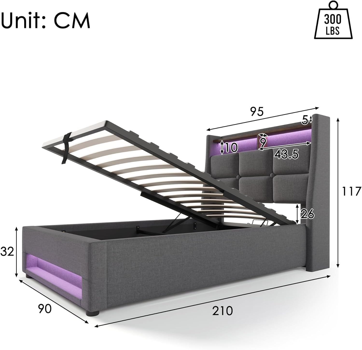 DRULINE LED Einzelbett Doppelbett Polsterbett Stauraum Bett mit Aufladen USB