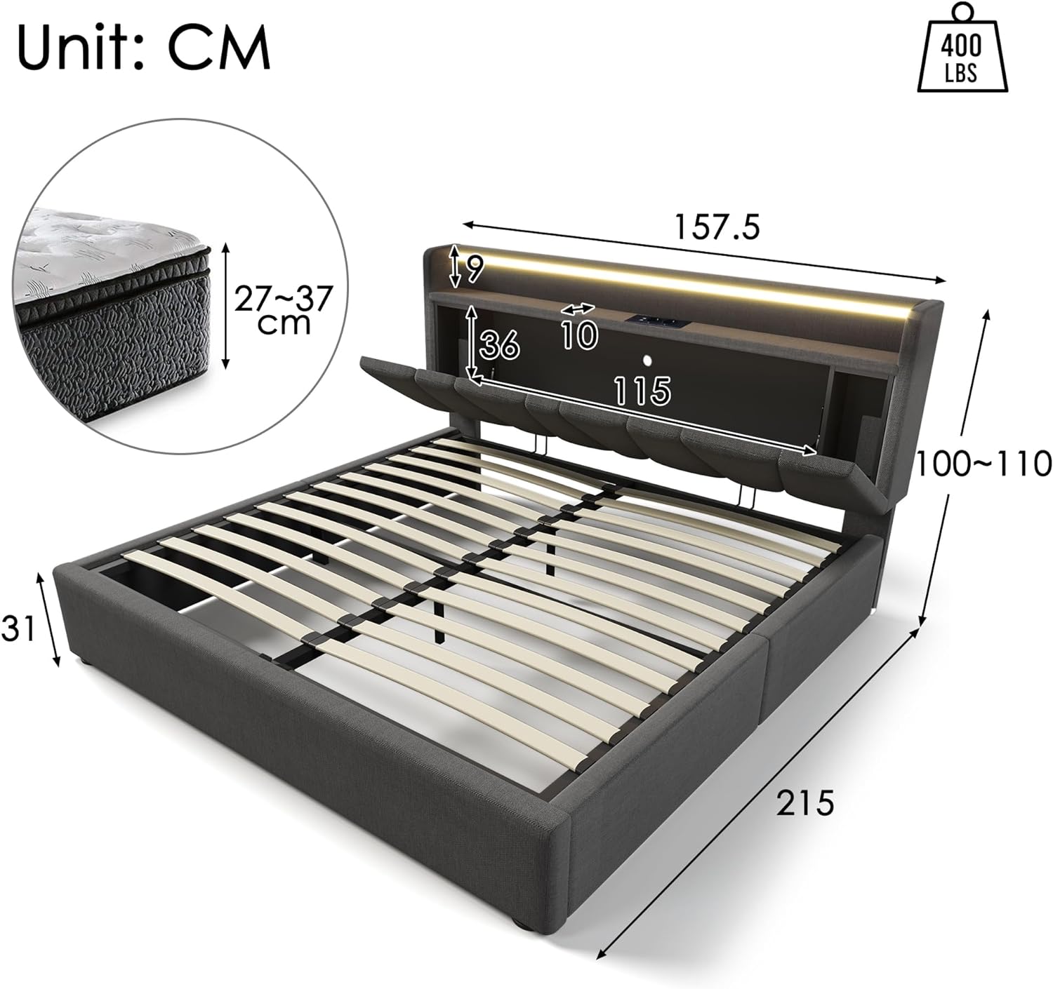 DRULINE LED Einzelbett 90x200 cm Doppelbett 140x200cm Polsterbett Stauraum-Kopfteil Bett mit Aufladen USB