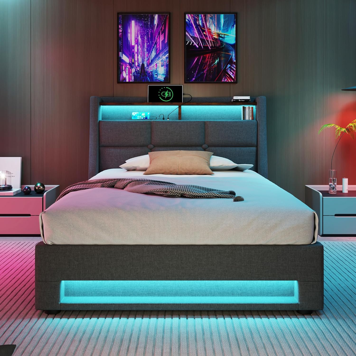 DRULINE LED Einzelbett Doppelbett Polsterbett Stauraum Bett mit Aufladen USB