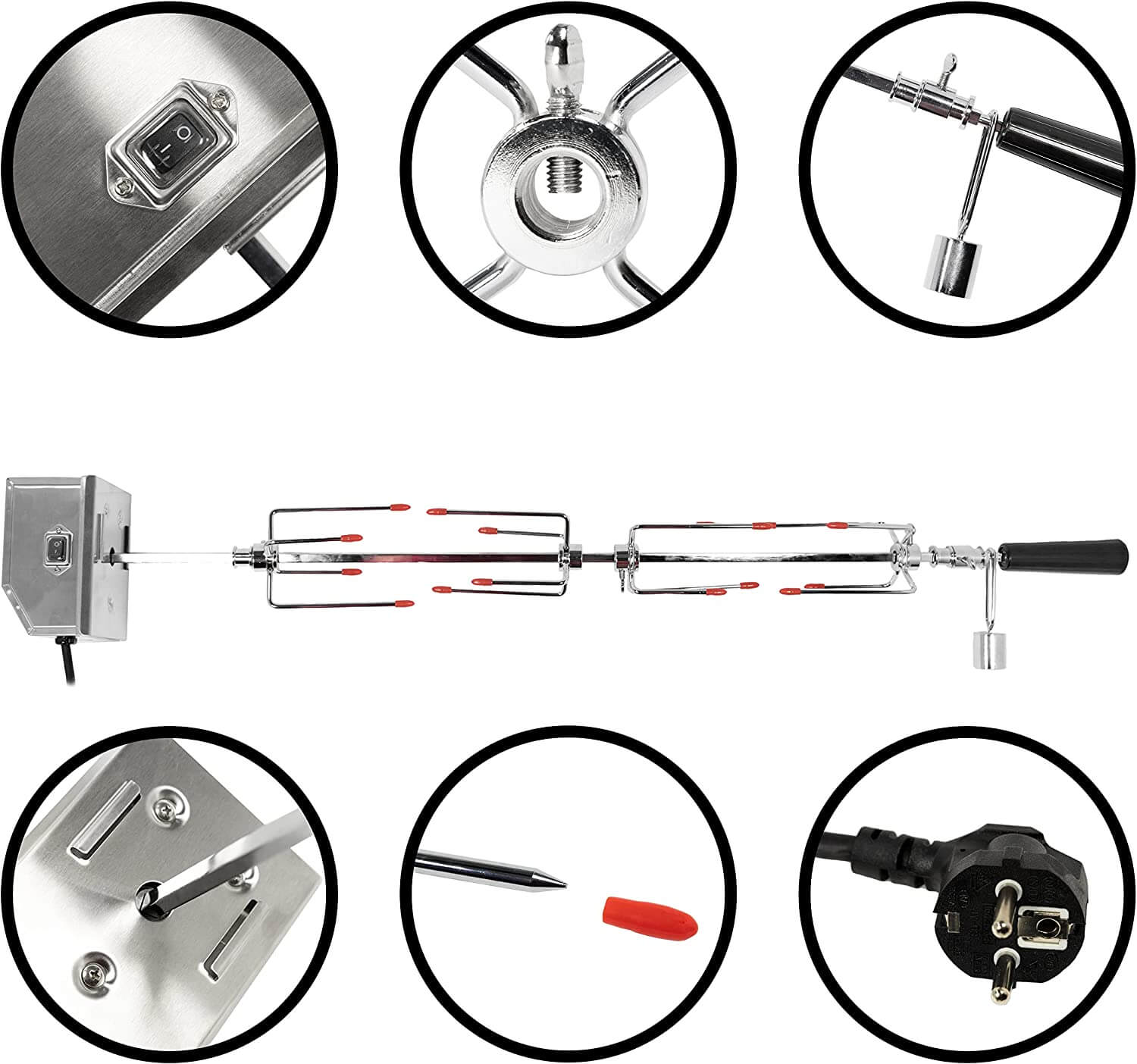 DRULINE Edelstahl Elektrischer Grillspieß Set 104 cm - 4 x Fleischnadeln BBQ Fleischklammer Motor